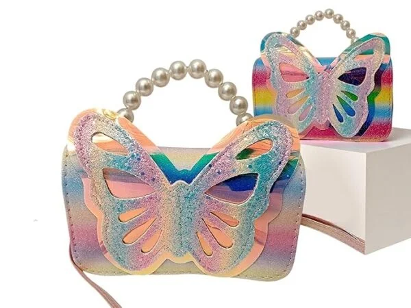 50342 Fashion Sparkle Butterfly Sling Bag for Kids Girls | Glitter Purse with Pearl Handle and Adjustable Belt| Cute & Handy