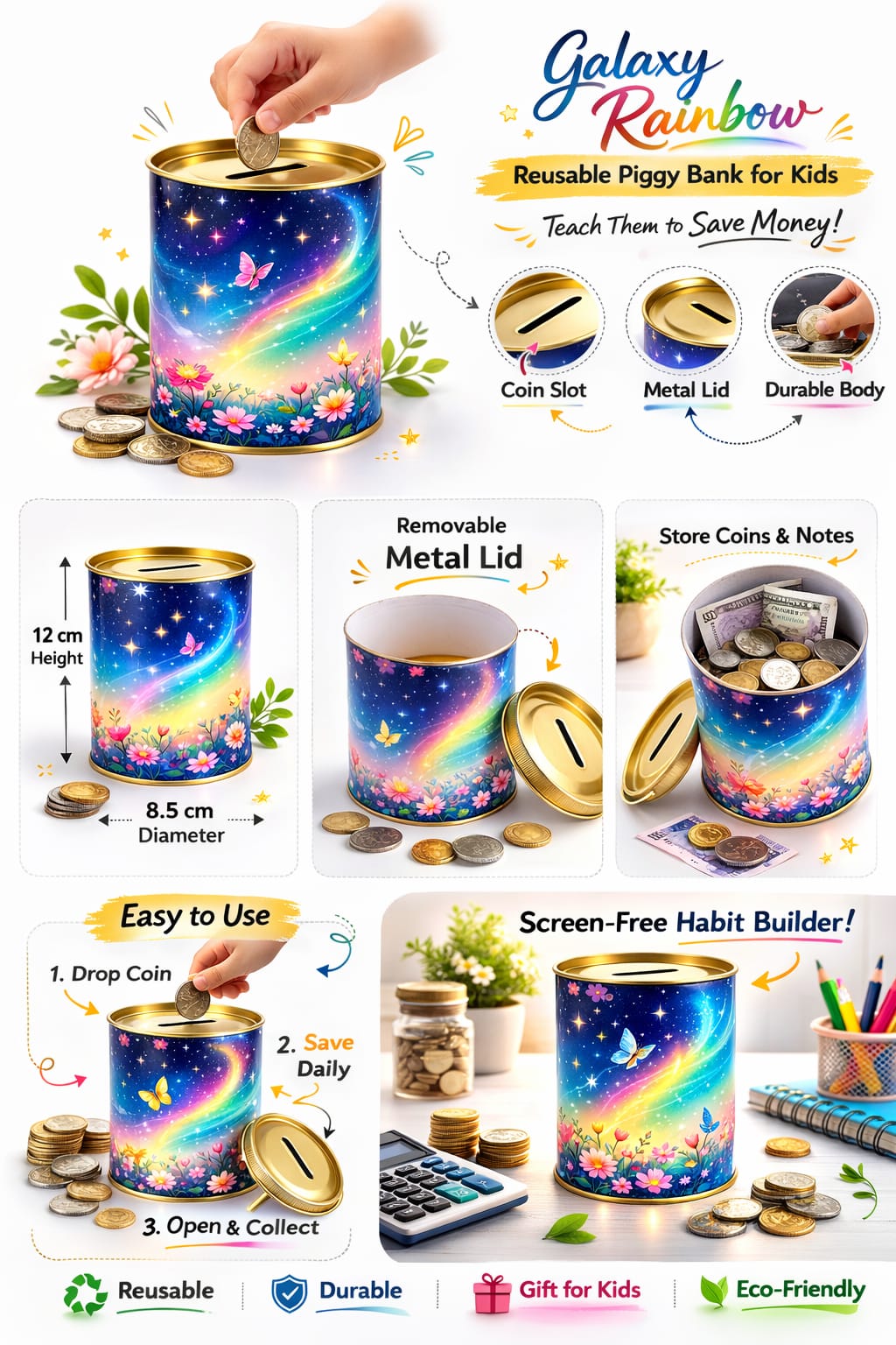Galaxy Rainbow Reusable Piggy Bank for Kids | Money Saving Coin Bank | Metal Lid Savings Jar