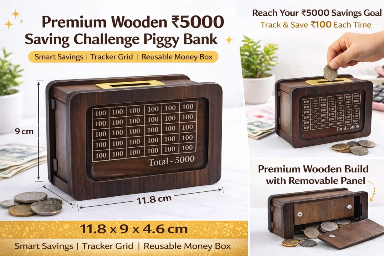 Premium Wooden ₹5000 Saving Challenge Piggy Bank – Reusable Money Box with Tracker Grid | Kids & Adults Savings Goal Box